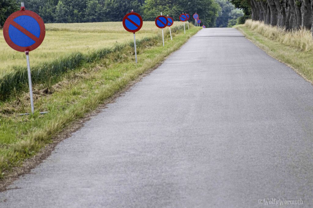 Zehn Parkverbotsschilder auf einer Landstraße auf mehreren hundert Metern hintereinander aufgestellt.