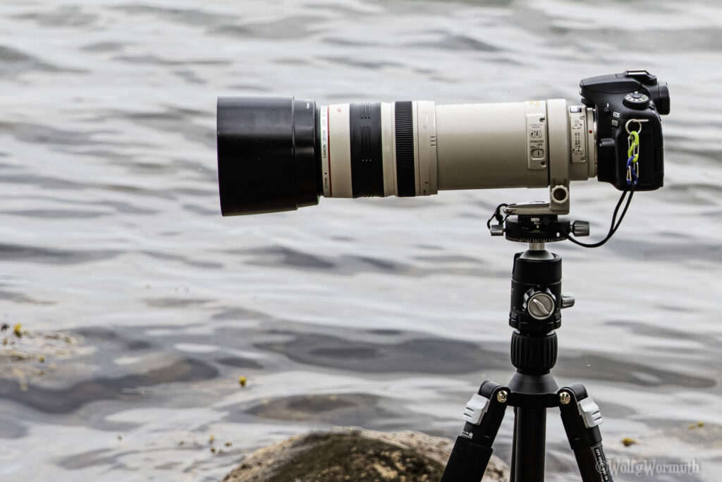 Kamera Canon 90D mit Objektiv Canon 100-400mm ƒ 4,5-5,6 auf Stativ.